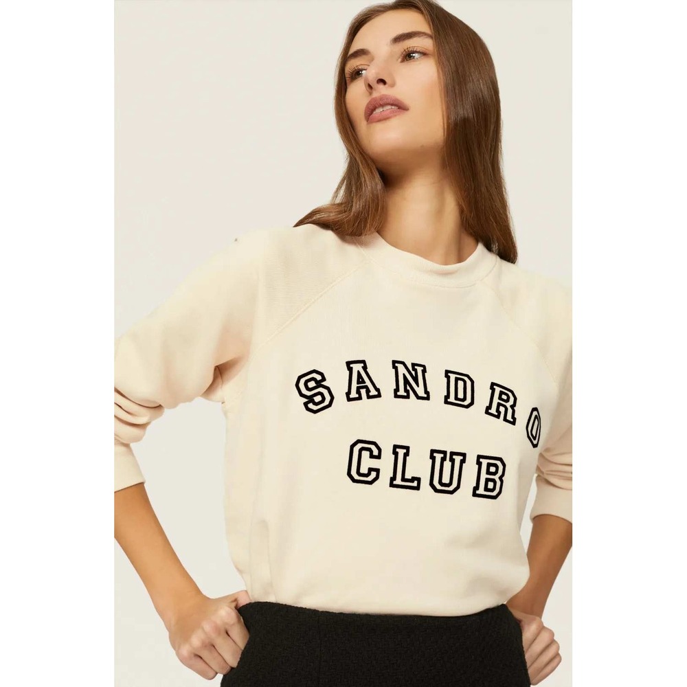 Sandro Club Sweatshirt‎ Cream Cotton Graphic Pullover Crewneck College Sz 0